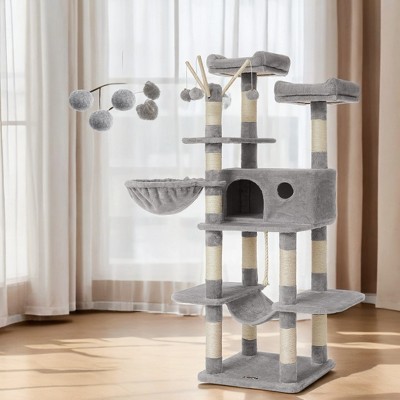 64.6 Inches Large Cat Tree Tower, Tall Cat Activity Center with Hammock, Basket, and Removable Fur Ball Sticks, Cat Condo Cat Houses for Indoor Cats