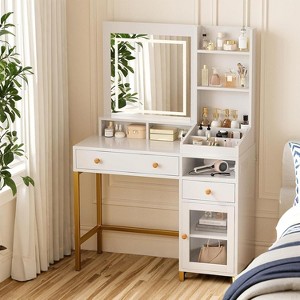 38 Inch Vanity Desk, Vanity Desk with Mirror and LED Lights, Modern Makeup Dressing Table, 2 Drawers, Tertiary Board, for Bedroom, White - 1 of 4