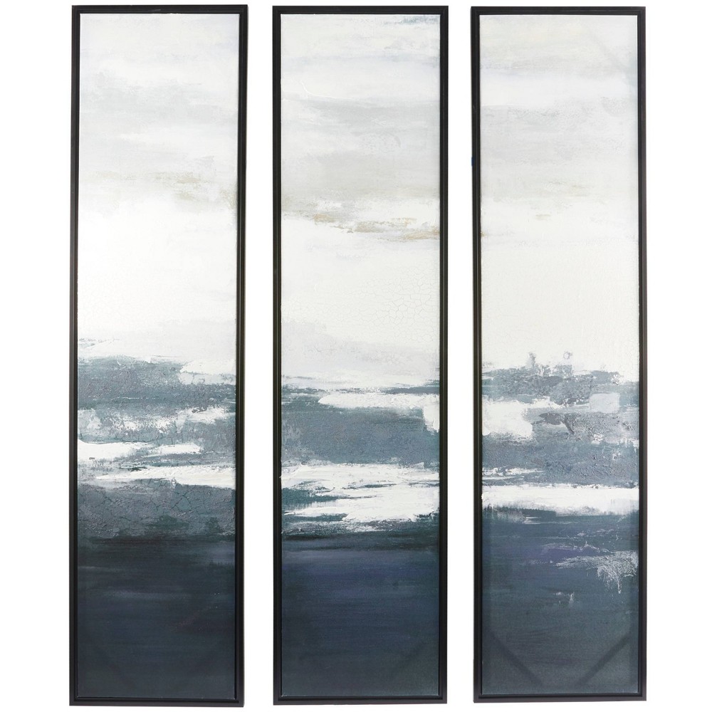 Photos - Wallpaper Set of 3 Canvas Landscape Framed Wall Arts with Black Frame Dark Blue - Ol