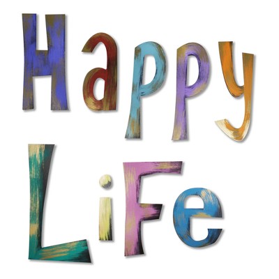 42"x13" Hand Painted 3D Wall Sculpture Happy Life Bronze- Letter2Word