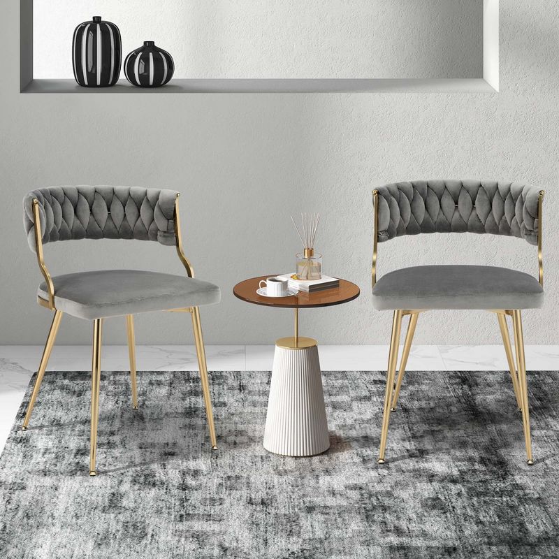 Costway Velvet Dining Chair Set of 2 Upholstered Modern Accent Chair with Woven Back Grey/White, 3 of 10