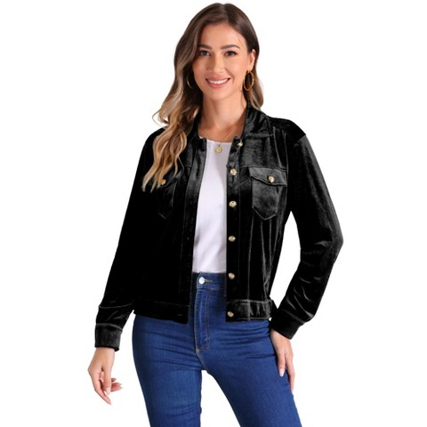 Allegra K Women's Velvet Button Up Long Sleeve Crop Jacket Black Medium