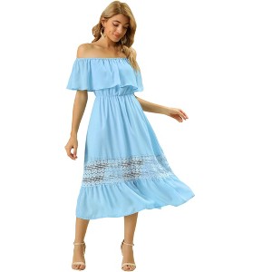 Allegra K Women's Off Shoulder Ruffle Lace Insert High Waist Short Sleeve Flowy Maxi Dress - 1 of 4