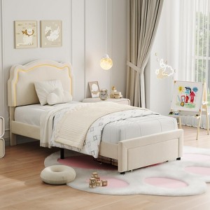 Bear-Shaped Twin Bed Frame for Kids, Velvet Upholstered Platform Bed with LED Light & Adjustable Height Headboard, No Box Spring Needed & Noise Free - 1 of 4