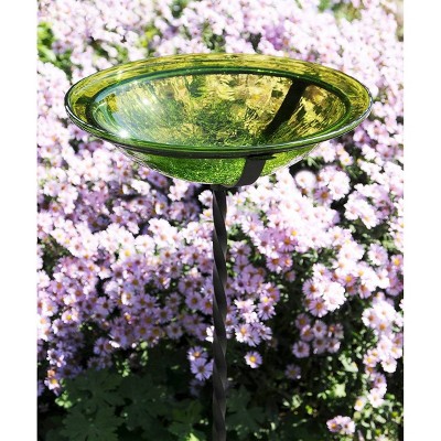 Fern Green Hand-Blown Crackle Glass Birdbath with Iron Stake