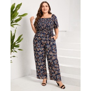 Women's Plus Size Wide Leg Floral Jumpsuits Casual Summer Outfits with Belt Bell Sleeve Smocked Floral Navy Leaves 3XL - 1 of 4