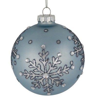 Northlight Mirror Glittered Snowflakes Christmas Glas Ball Ornaments - 4" - Steel Blue - Set of 2