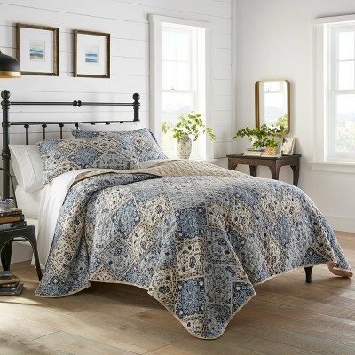 Country Casual Blue and Beige Cotton Twin Quilt Set, Reversible