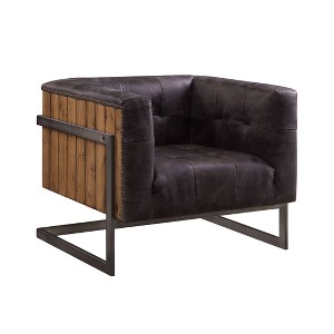 31" Sagat Accent Chair Antique Black Top Grain Leather/Rustic Oak - Acme Furniture: No Assembly, Metal Frame, Spot Clean - 1 of 4