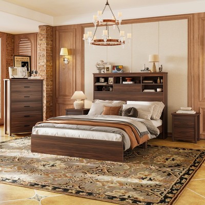 4-Pieces Bedroom Sets, Queen Size Vintage Wooden Bed Frame With 2 Nightstands And 1 Dresser, Queen Bed Frame With Headboard-Cuddlewood