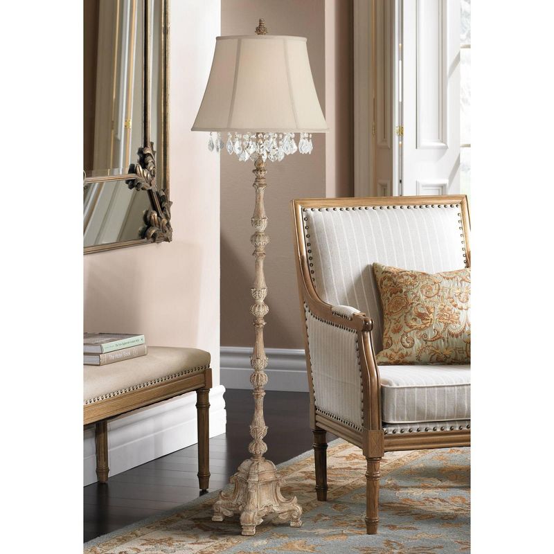 Barnes and Ivy Duval Country Cottage Floor Lamp 63 1/2" Tall Distressed Faux Wood Candlestick Crystal Glass Beading Cream Bell Shade for Living Room, 3 of 11