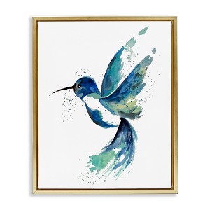 Stupell Industries Modern Blue Hummingbird Flying Floating Frame Canvas Art, Gold, 17" x 21" - 1 of 4