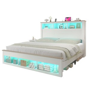 AMERLIFE Bed Frame with Drawers, LED, Bookcase Headboard, Charging, Shelves - 1 of 4