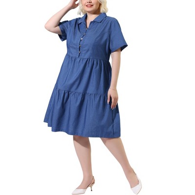 Agnes Orinda Women's Plus Size Chambray Babydoll Half Placket Elastic Back Button Shirt Dresses