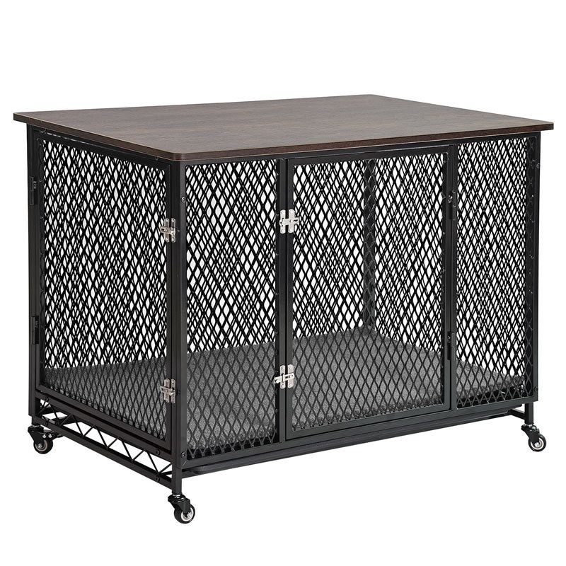 Large Black Metal Dog Crate Table with Casters