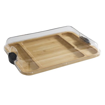 Farberware 12"x16" Build-a-Board Charcuterie 3 Pocket Bamboo Board with Locking Lid/Black Handle: Rectangle, Hand Wash