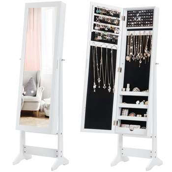 Tangkula 2-in-1 Freestanding Jewelry Cabinet Organizer with Full-Length Mirror Black/ White