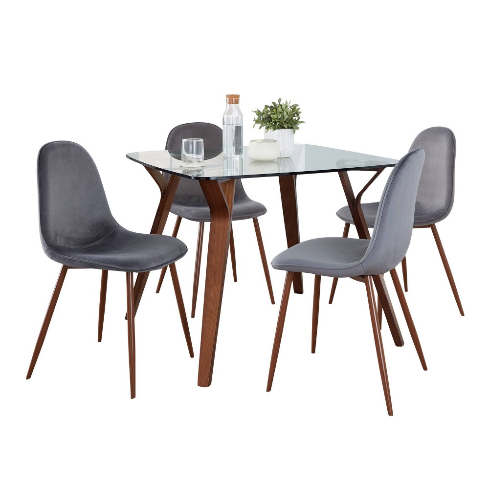 Photos - Dining Table LumiSource 5pc Folia Pebble Dining Set Walnut Glass/Gray Velvet