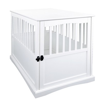 white dog crate end table