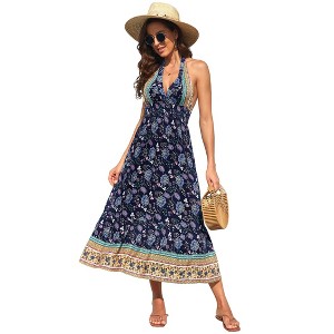 Women's Summer Maxi Dress Casual Floral V Neck Boho High Low Flowy Long Sun Dresses - 1 of 4