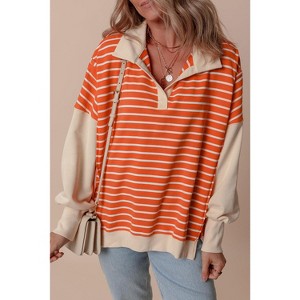 Orange Stripe Color Block Loose Fit Collared Drop Shoulder Sweatshirt - 1 of 4
