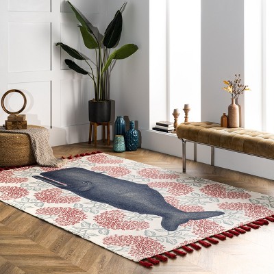 Coastal Charm Red Cotton Flatweave Whale Area Rug, 3' x 5'