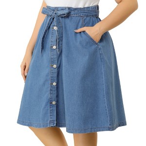 Agnes Orinda Women's Plus Size Denim Tie High Waist Front Button Down A-Line Midi Jeans Skirts - 1 of 4