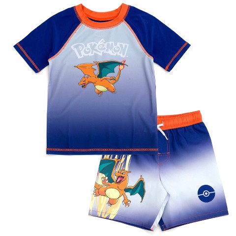 Pokemon Charizard Little Boys UPF 50+ Rash Guard and Swim Trunks Outfit Set Navy / Orange Charizard 7-8