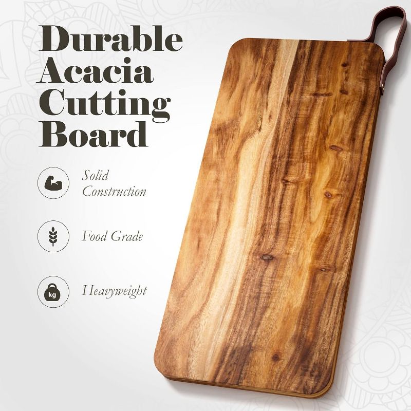 American Atelier Acacia Wood Cutting Board with Single Leather Handle, Large Chopping Board, Wooden Serving Tray for Cheese, Meats, Charcuterie Board, 2 of 8