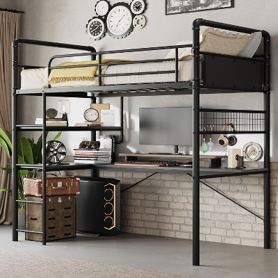 Loft Bunk Bed with L-Shaped Desk,Twin Loft Bed with Desk Underneath, Metal Bunk Beds with High Guardrail and Ladder,Easy Assembly