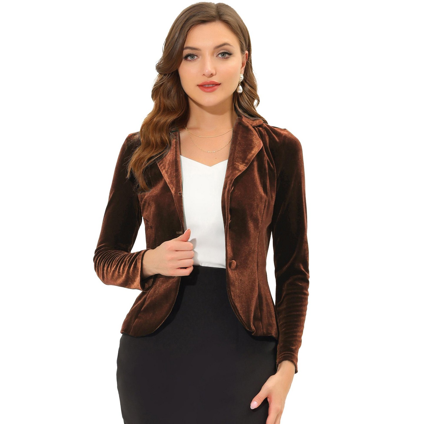 Женский пиджак INSPIRE CHIC Notched Lapel Long Sleeve Office Button Velvet Suit Blazer Small Brown, цвет: Коричневый — фото 1