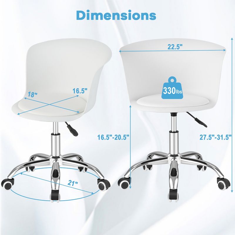 Costway Set of 2 Adjustable Office Chair Armless Swivel Desk Chair PU Leather Seat Black/White, 3 of 10