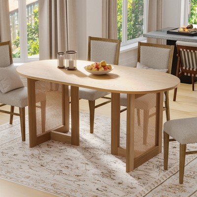 SpassWay 30"H Rattan Oval Wood Dining Table Kitchen Table Conference Table with Double Pedestal