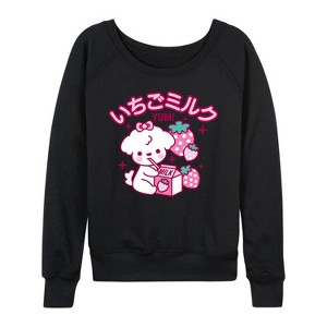 Women's - Instant Message - Kawaii Dog with Strawberry Milk Lightweight French Terry Wide Neck Long Sleeve Shirt - 1 of 4