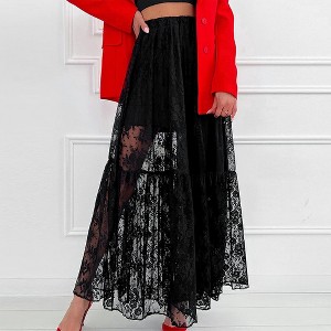 Women's Summer Casual See Through Sheer Lace Maxi Skirt Elastic Waist Ruffle A Line Flowy Long Skirt - 1 of 2