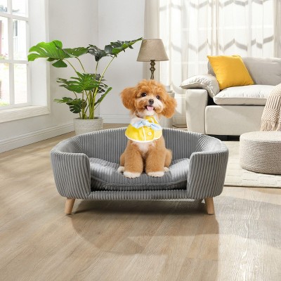 30" Elevated Small Dog Bed Frame with Corduroy Cushion,Modern Pet Sofa With Wooden Legs for Dogs-LAOTIES