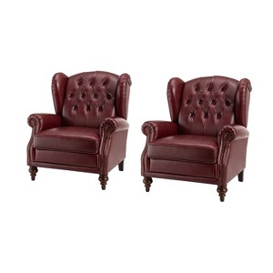 Set of 2 Amanda 33" Wide Genuine Leather Wingback Armchair with Solid Tapered Wood Legs and Nailhead Trim| ARTFUL LIVING DESIGN-BURGUNDY - 1 of 4