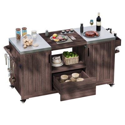 GlasFlength Decorative Storage Cabinets,Compact Outdoor Storage,Prep Cart,Mobile,Brown,34.25"*25.2"*12.99"