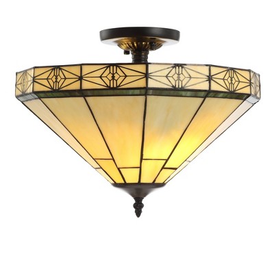 16" Glass/Metal Jasmine Tiffany Style Semi Flush Mount (Includes Energy Efficient Light Bulb) Cream - JONATHAN Y