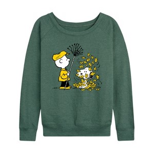 Women's - Peanuts - Charlie Brown Snoopy Fall Leaves Lightweight French Terry Wide Neck Long Sleeve Shirt - 1 of 4