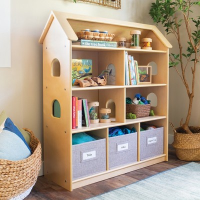 Guidecraft EdQ Dollhouse Bookshelf: Wood Kids' Pretend Play Furniture for Playroom and Classroom with Bins for Toys and Dolls