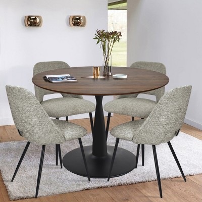 Harold+Edwin 5-Piece Dining Table Set Walnut Foil Round Top Pedestal Dining Room Set with 4 Upholstered Chairs for Apartment - Maison Boucle