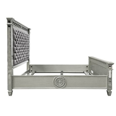 Varian Gray Velvet Upholstered Queen Bed with Mirrored Accents