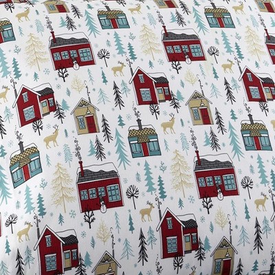 King Blue Cotton Polyester Flannel Cabin Print Sheet Set