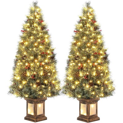 4.5ft Pre-Lit Artificial Xmas Tree with Pine Needles, Prelit Christmas Tree with 108 Warm White Lights, Hinged Branches and  Vintage Potted Base