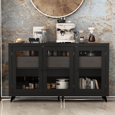 FUFU&GAGA Black Modern Storage Cabinet: Drawers & Glass Doors for Organized