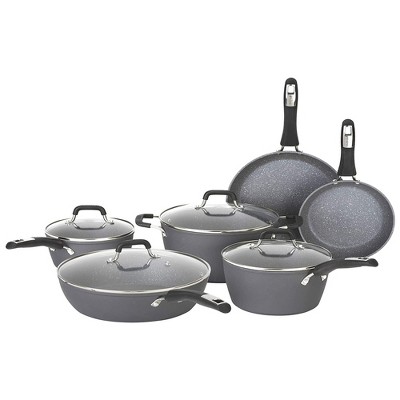 Bialetti 7559 Impact Nonstick Heavy Gauge Aluminum Oven Safe 10 Piece Kitchen Cookware Set with Silicone Handles and Glass Lids, Gray