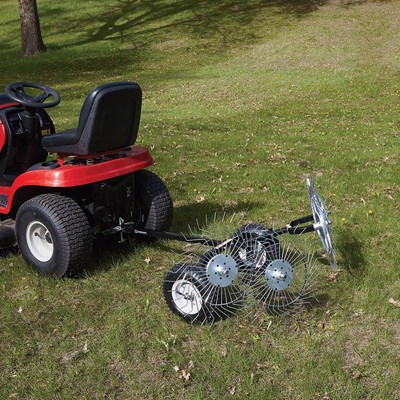 Image of Lawn tractor with side-mounted yard rake