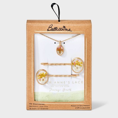 Bella Uno Bellissima Silver Plated KT Flash Pressed Flower Multi Ann's Lace Pendant Necklace and Bobby Pin Set 2pc - Gold
