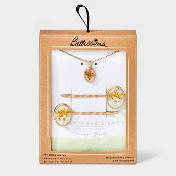 Bella Uno Bellissima Silver Plated KT Flash Pressed Flower Multi Ann's Lace Pendant Necklace and Bobby Pin Set 2pc - Gold